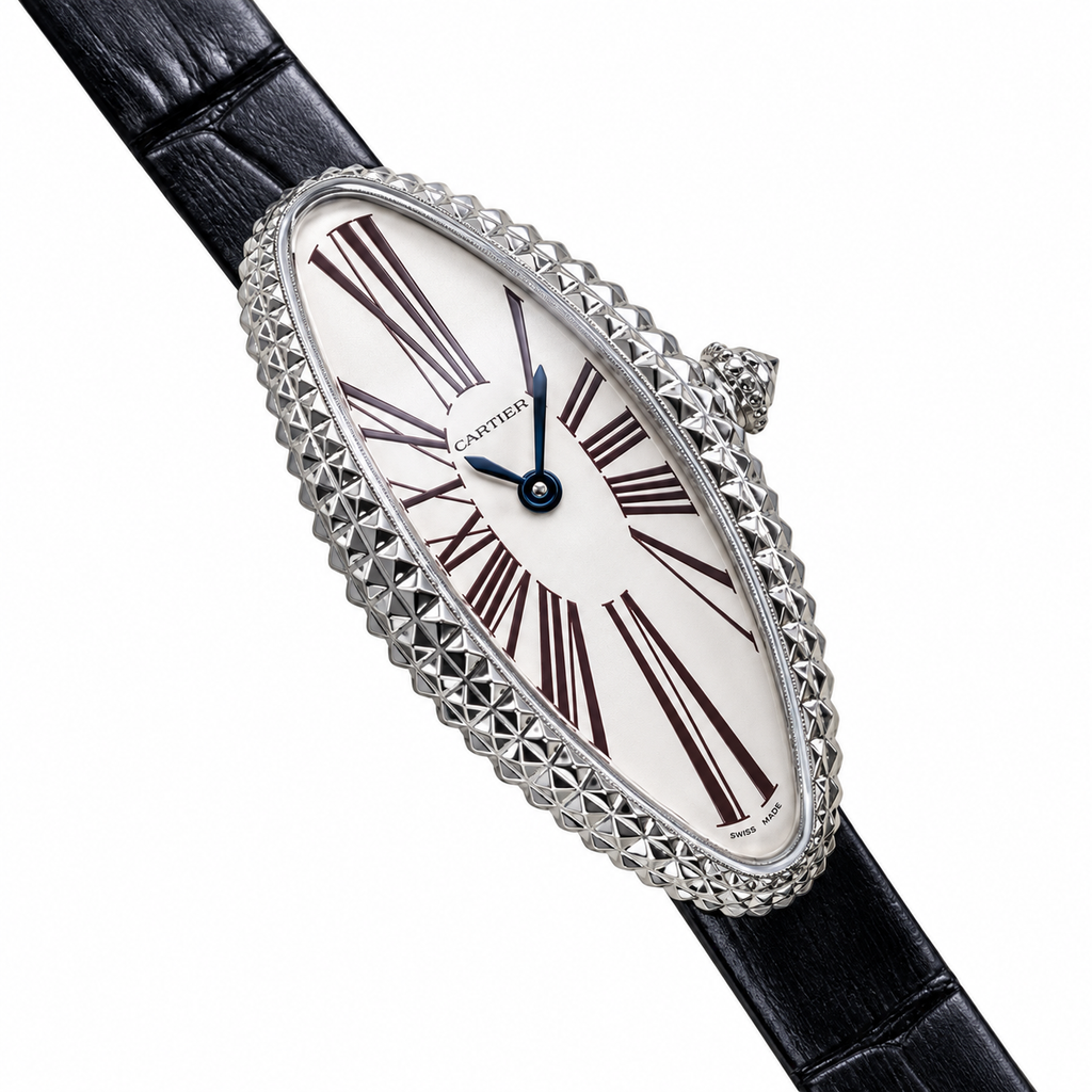 Cartier Baignoire Allongée — 18K White Gold, Clou de Paris Bezel, White Dial & Black Alligator Strap, Women