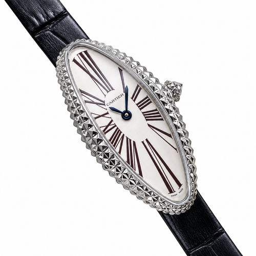 Cartier Baignoire Allongée — 18K White Gold, Clou de Paris Bezel, White Dial & Black Alligator Strap, Women