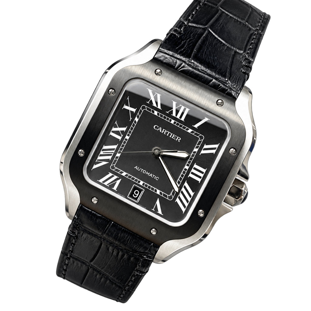 Cartier Santos Large — Steel & Black ADLC, Black Dial, Roman Numerals, Date & Black Alligator Strap, Automatic