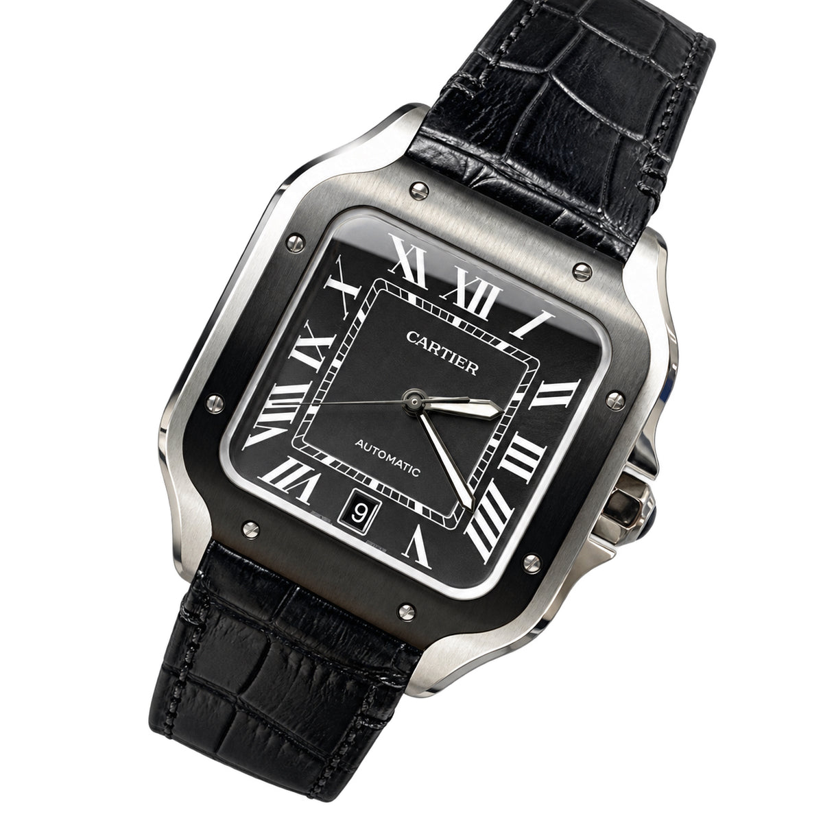 Cartier Santos Large — Steel & Black ADLC, Black Dial, Roman Numerals, Date & Black Alligator Strap, Automatic