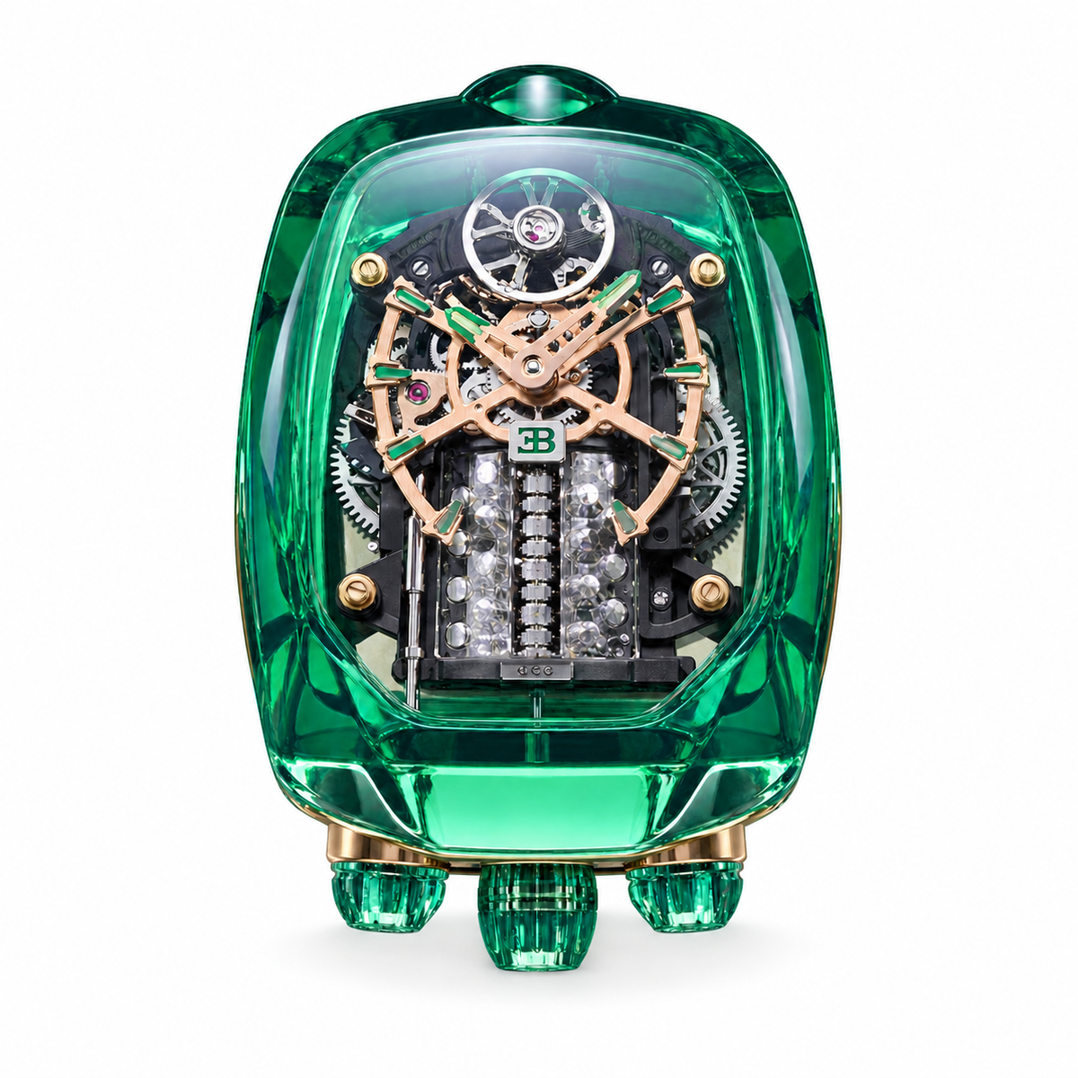 Jacob & Co. x Bugatti Twin Turbo Furious Full Green Sapphire Crystal 16-Cylinder Engine Tourbillon Rose Gold Bridges Green Pushers Watch