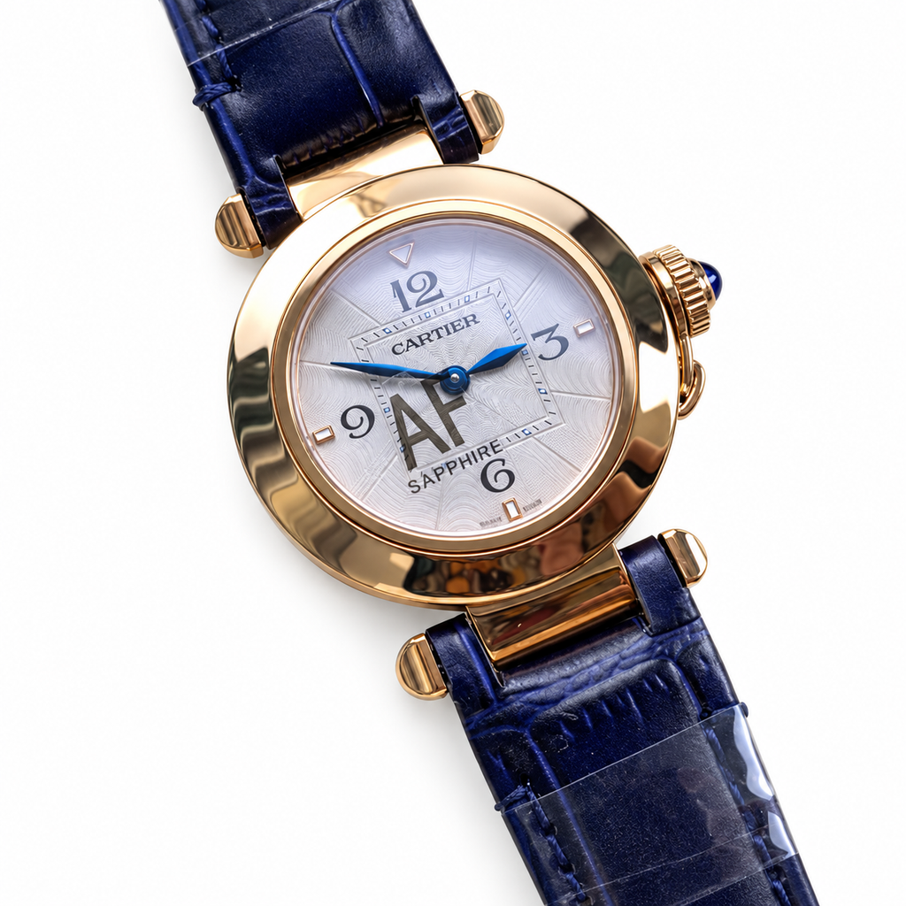 Cartier Pasha de Cartier 30mm — 18K Rose Gold, White Dial, Arabic Numerals, Date & Blue Alligator Strap, Women