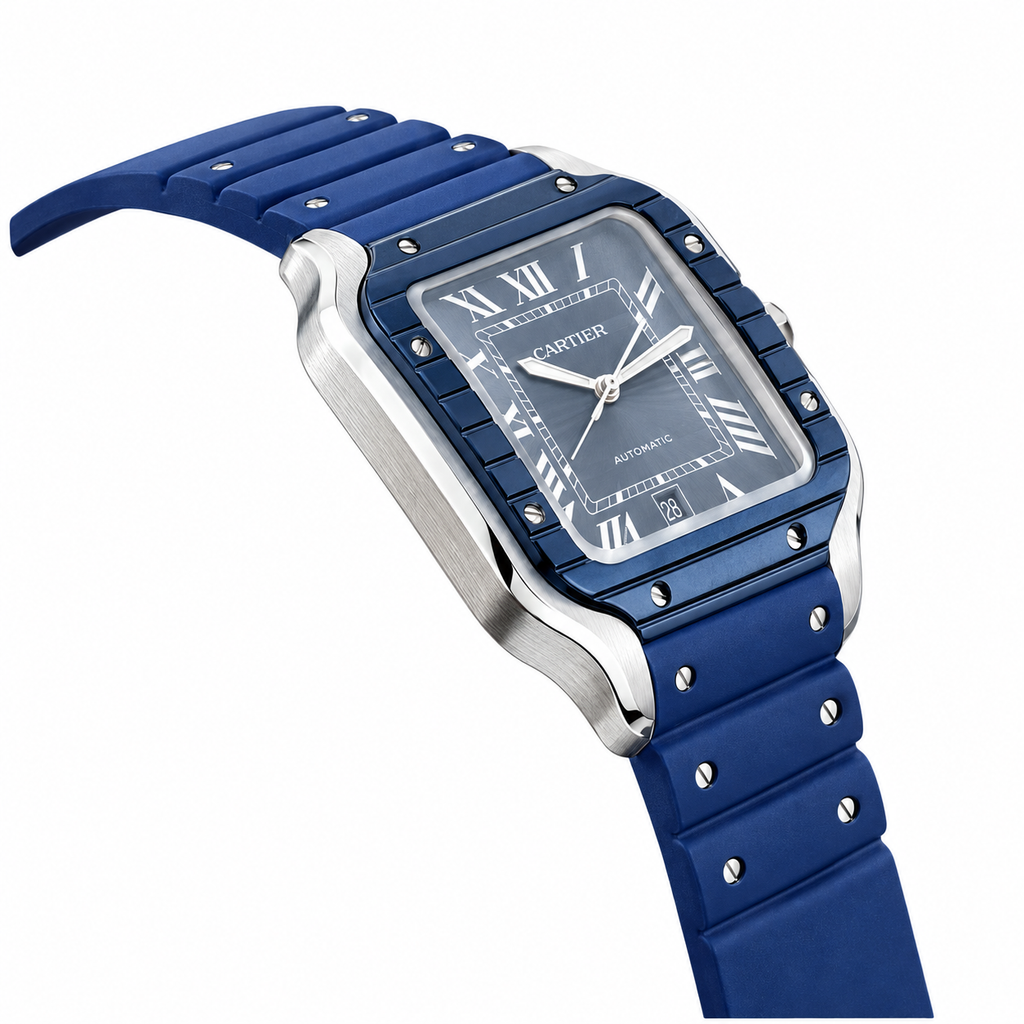 Cartier Santos de Cartier Automatic — Steel & Blue ADLC, Blue Dial & Rubber Strap