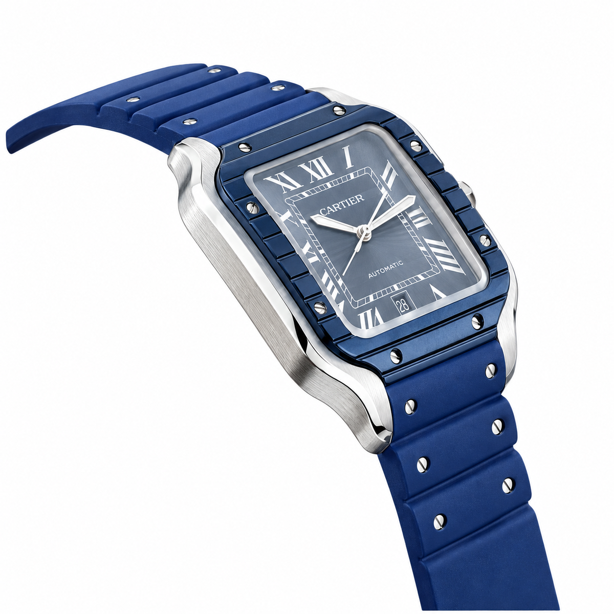 Cartier Santos de Cartier Automatic — Steel & Blue ADLC, Blue Dial & Rubber Strap