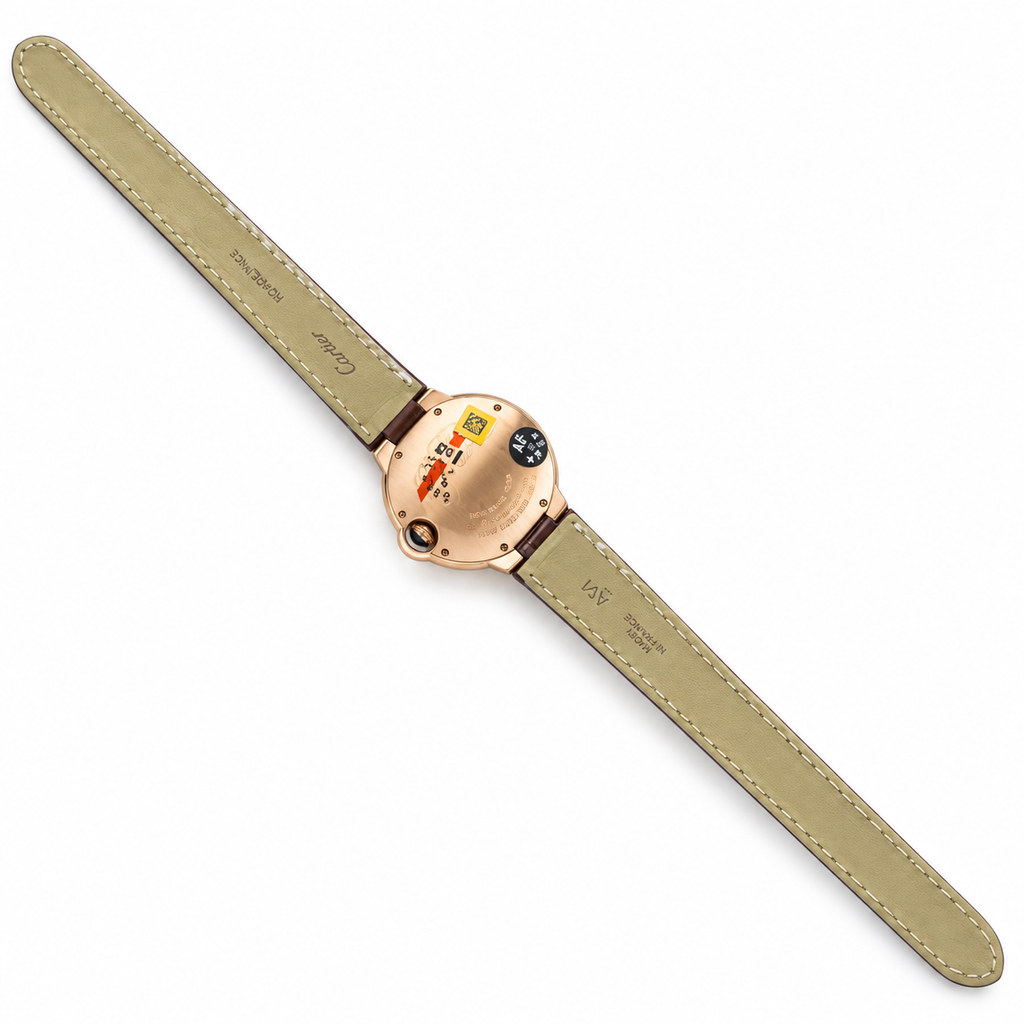 Cartier Ballon Bleu 33mm — 18K Rose Gold, Silver Dial, Roman Numerals & Brown Alligator Strap, Women