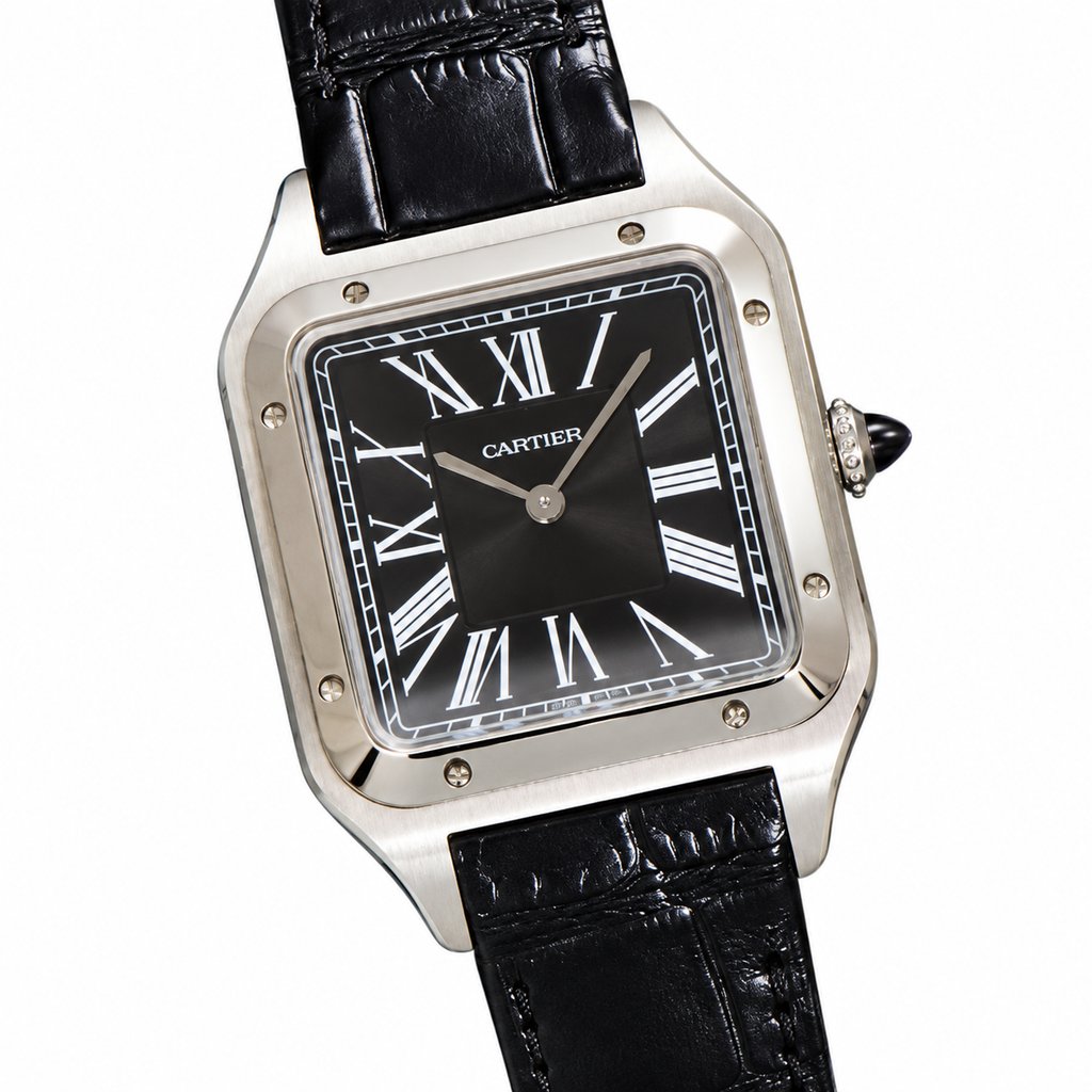 Cartier Santos-Dumont XL — Steel, Black Dial, Roman Numerals & Black Alligator Strap, Manual Wind