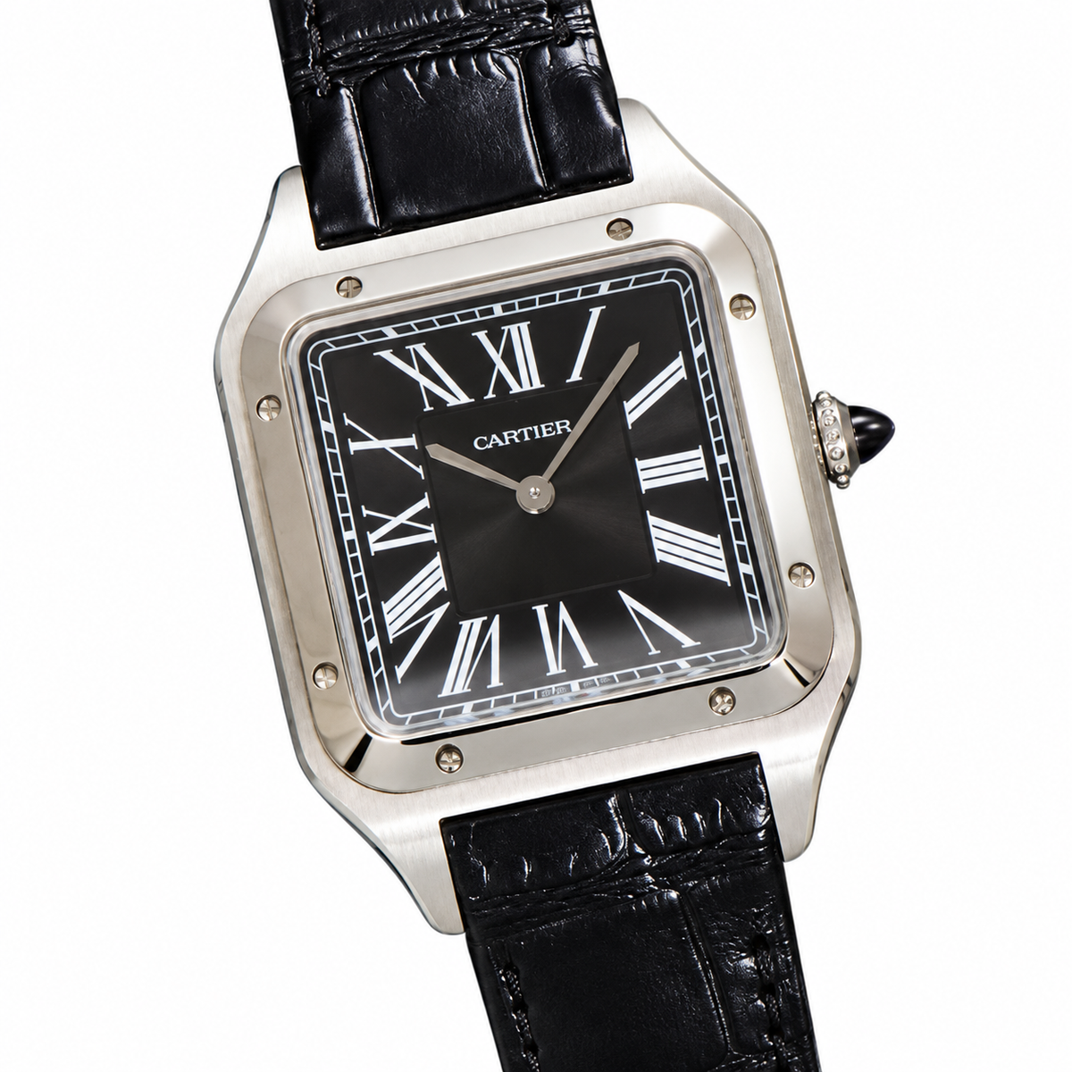 Cartier Santos-Dumont XL — Steel, Black Dial, Roman Numerals & Black Alligator Strap, Manual Wind