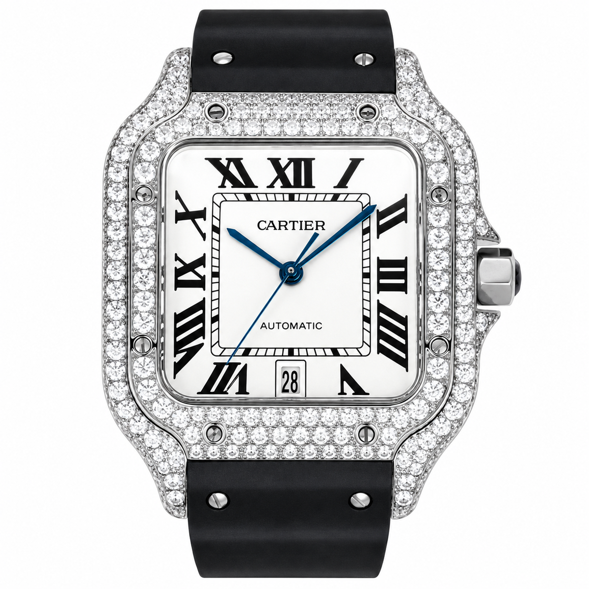 Cartier Santos de Cartier Automatic — Full Diamond Bezel, Date & Black Rubber Strap