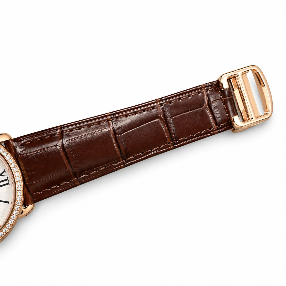 Cartier Ronde Louis Cartier Automatic — 18K Rose Gold, Diamond Bezel & Brown Alligator Strap