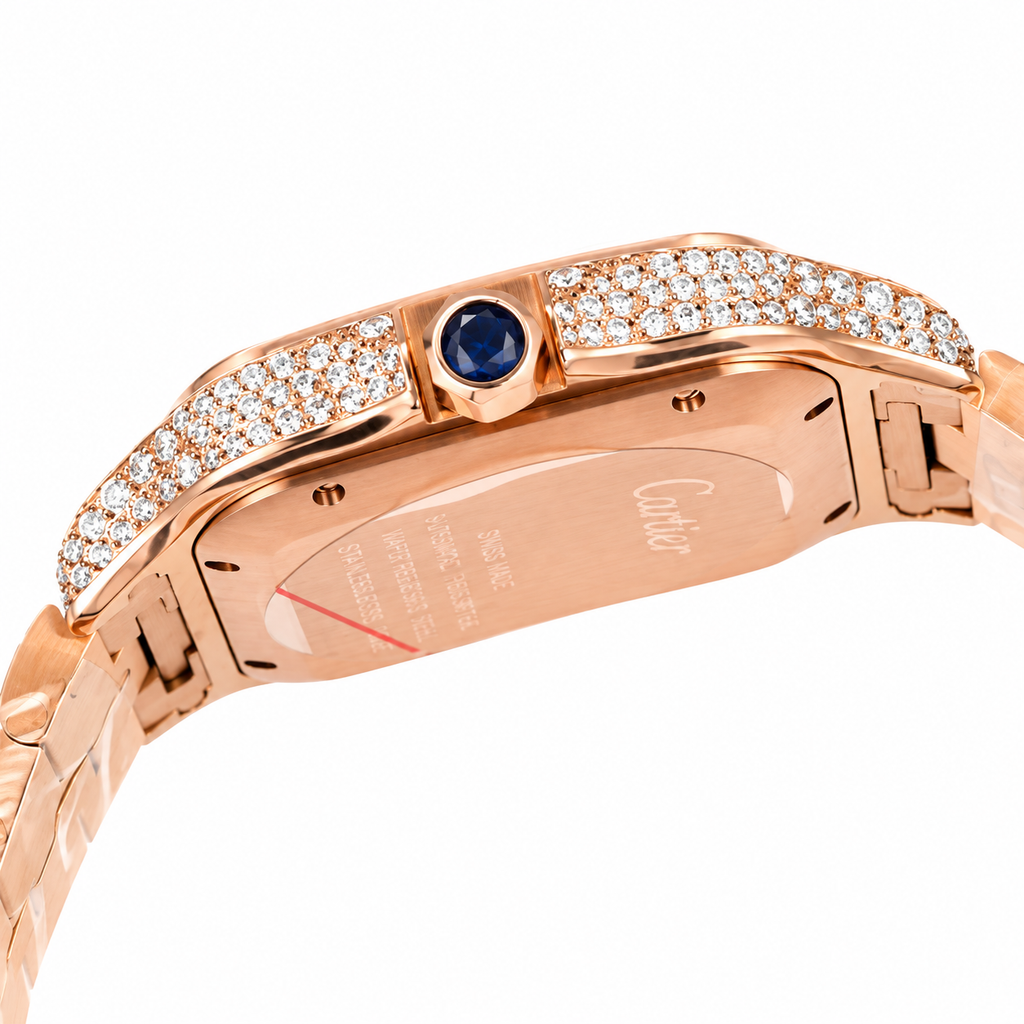 Cartier Santos Large — 18K Rose Gold, Full Diamond Bezel & Lugs, White Dial, Arabic Calligraphy, Date & Rose Gold Bracelet, Automatic