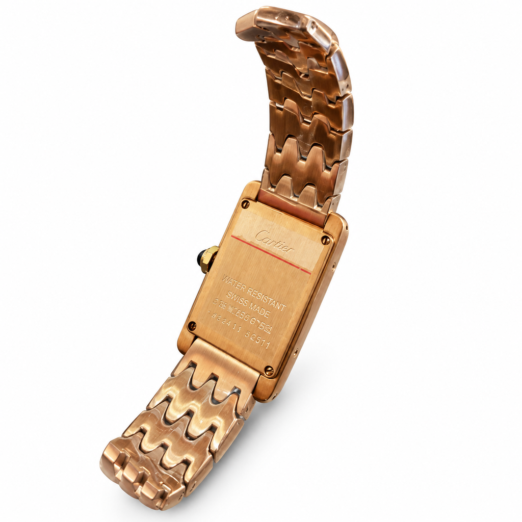 Cartier Tank Américaine Small — 18K Rose Gold, Silver Dial, Roman Numerals & Rose Gold Mesh Bracelet, Women