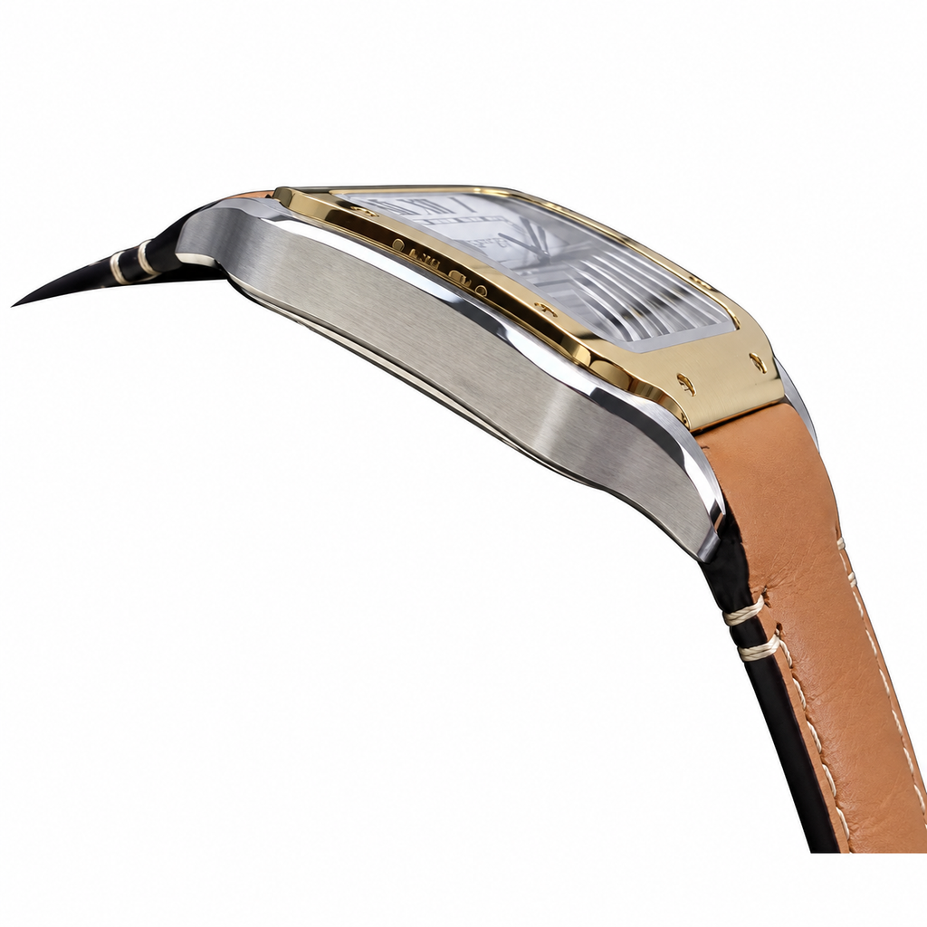 Cartier Santos de Cartier Medium — Steel & Yellow Gold, White Dial, Roman Numerals, Date & Tan Leather Strap, Automatic