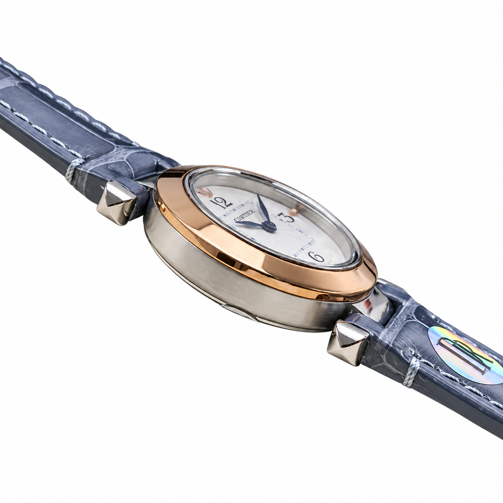Cartier Pasha de Cartier 30mm — Two-Tone Steel & Rose Gold, White Dial & Blue Alligator Strap, Women