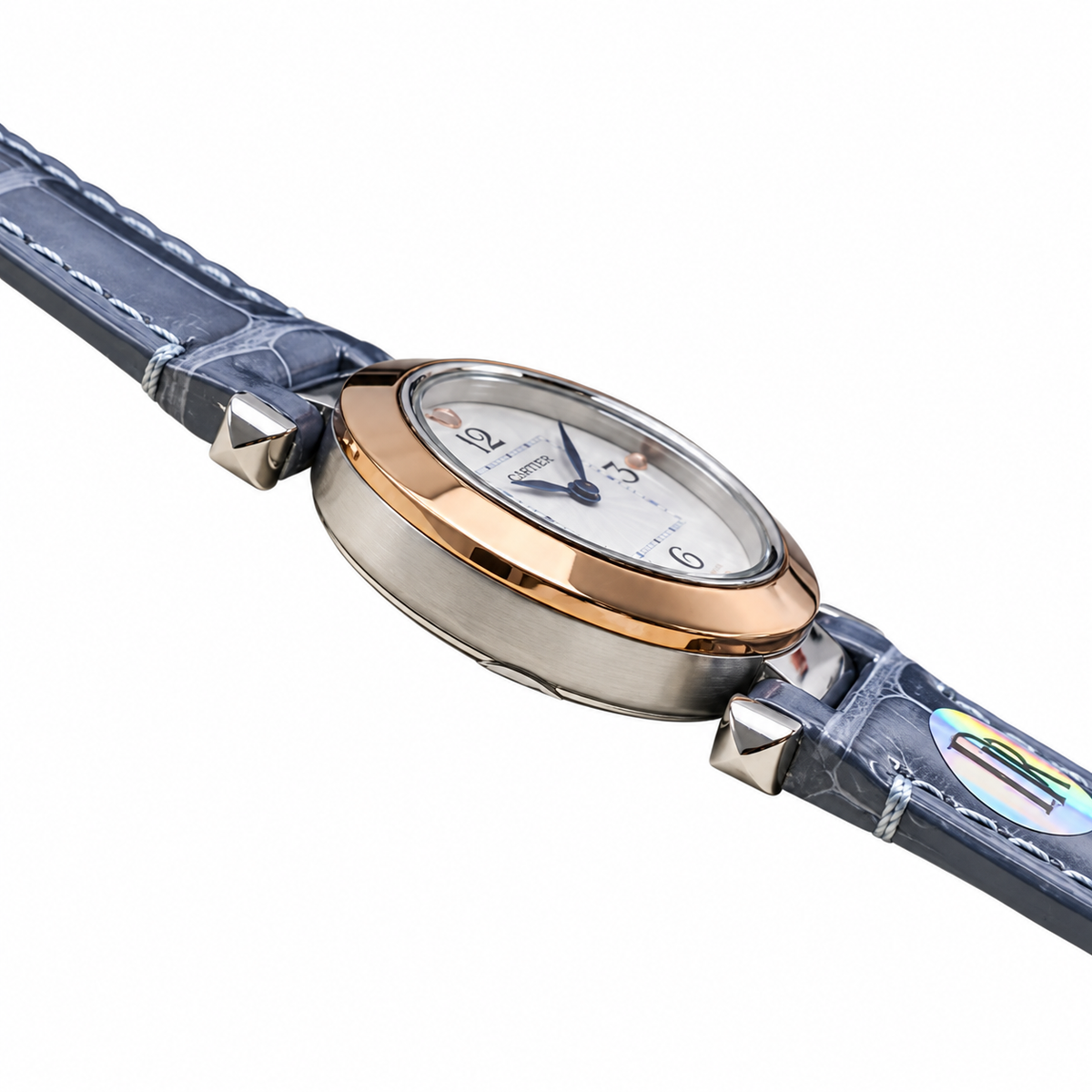 Cartier Pasha de Cartier 30mm — Two-Tone Steel & Rose Gold, White Dial & Blue Alligator Strap, Women