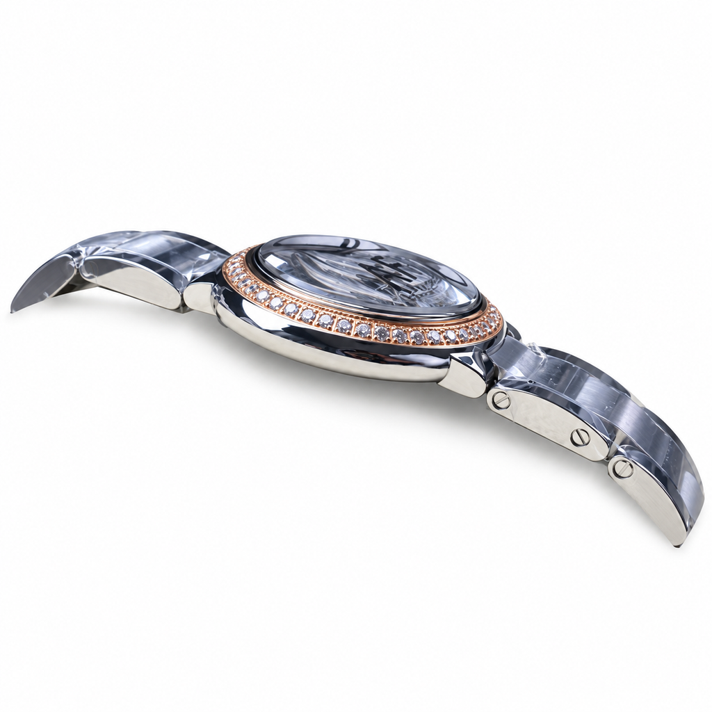 Cartier Ballon Bleu 28mm — Steel & Rose Gold, Diamond Bezel, White Dial, Roman Numerals & Steel Bracelet, Women