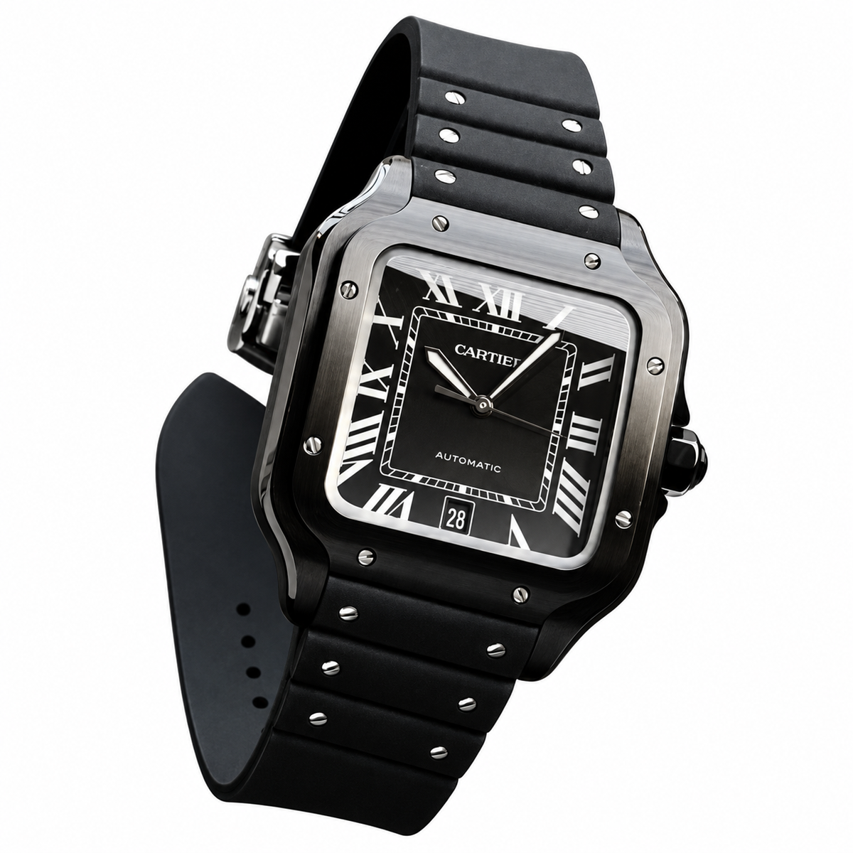 Cartier Santos de Cartier Large — Full Black ADLC, Black Dial, Roman Numerals & Black Rubber Strap, Automatic