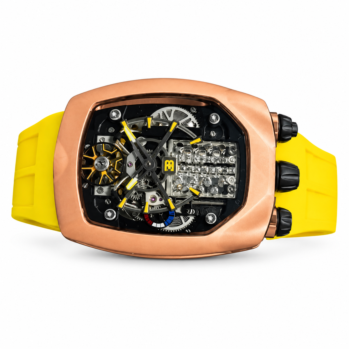 Jacob & Co. x Bugatti Chiron Rose Gold Skeleton Tourbillon Engine Yellow Rubber Watch