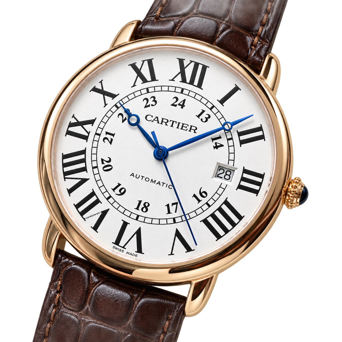 Cartier Ronde Louis Cartier Automatic — 18K Rose Gold, 24H Dial, Date & Brown Alligator Strap