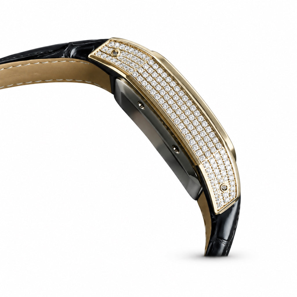 Cartier Santos de Cartier Large — Steel, Full Iced-Out Diamonds, Pavé Dial, Roman Numerals & Black Alligator Strap, Automatic