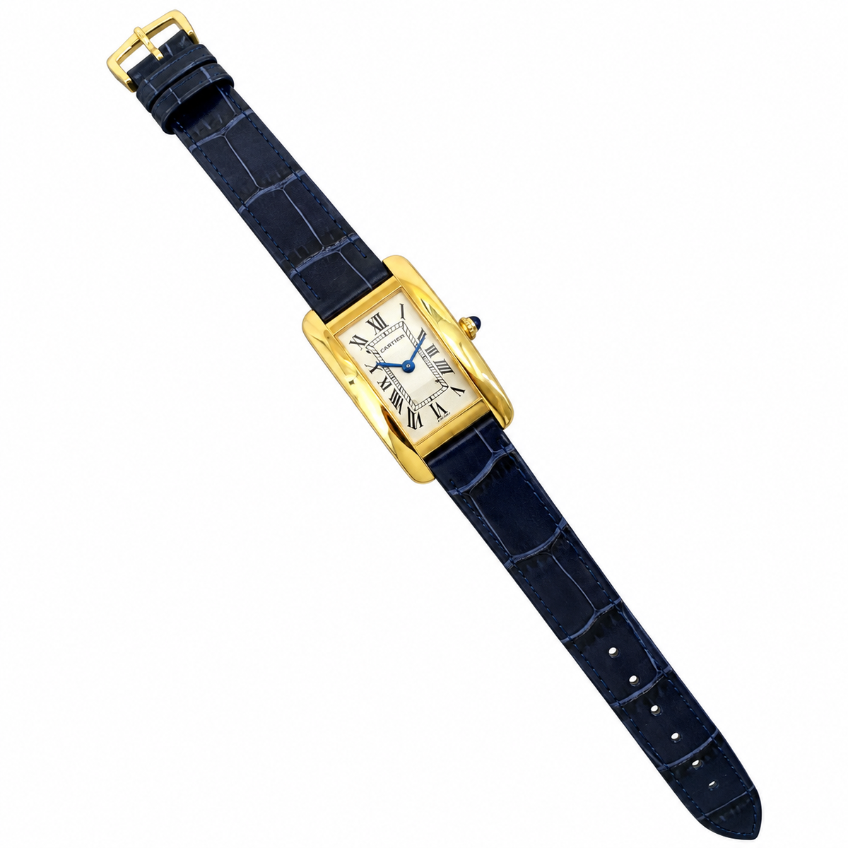Cartier Tank Américaine Yellow Gold White Dial Blue Strap Watch – KDY