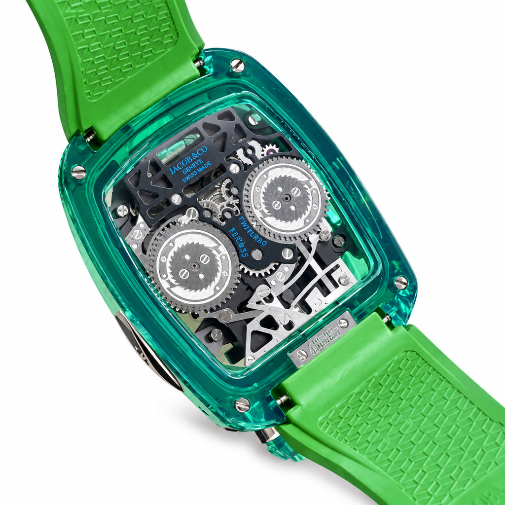 Jacob & Co. x Bugatti Twin Turbo Furious Green Sapphire Tourbillon Engine Green Rubber Watch
