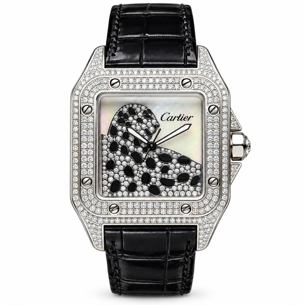 Cartier Santos — 18K White Gold, Full Diamond Case, Panthère Dial, Mother-of-Pearl & Black Alligator Strap, Quartz