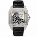 Cartier Santos — 18K White Gold, Full Diamond Case, Panthère Dial, Mother-of-Pearl & Black Alligator Strap, Quartz