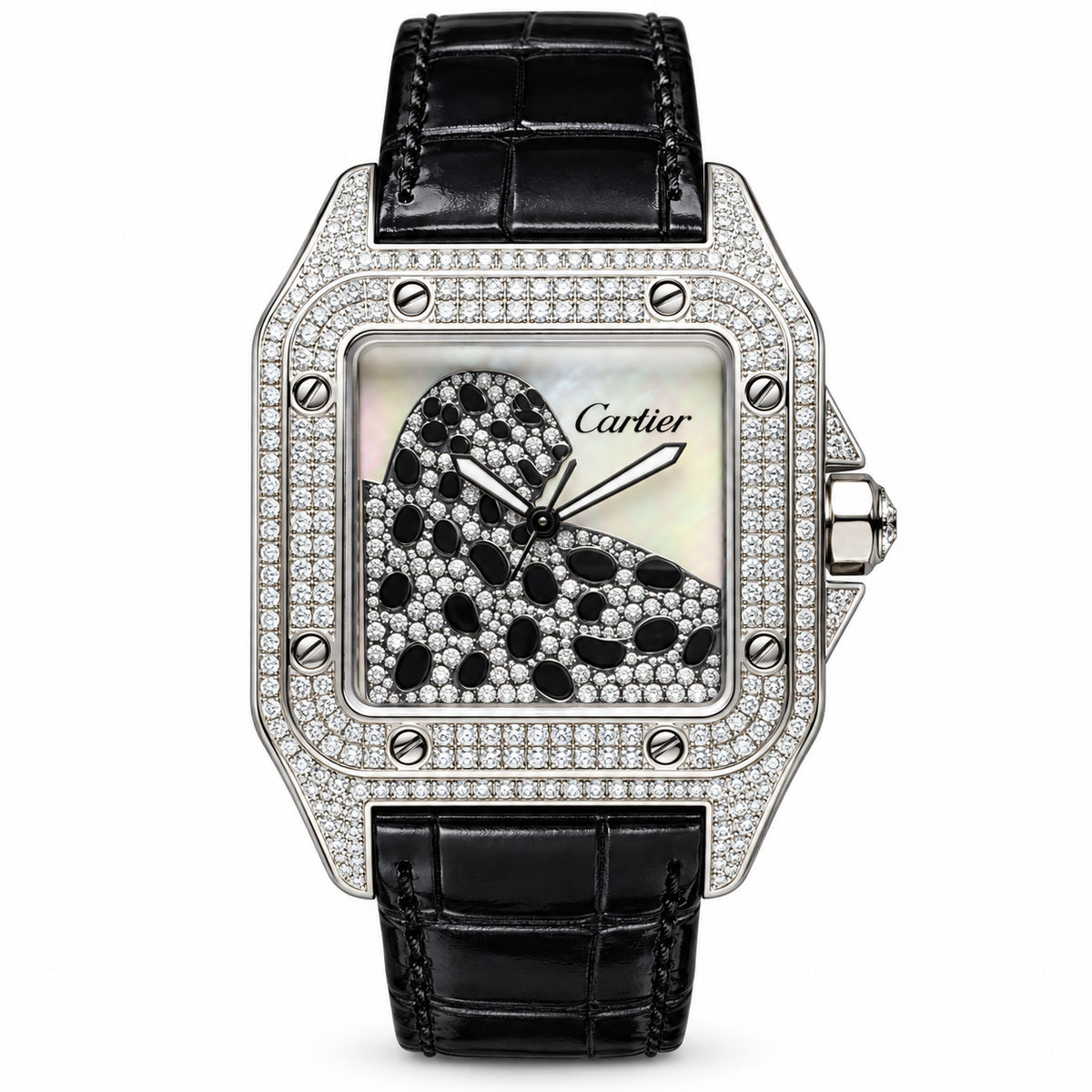 Cartier Santos — 18K White Gold, Full Diamond Case, Panthère Dial, Mother-of-Pearl & Black Alligator Strap, Quartz