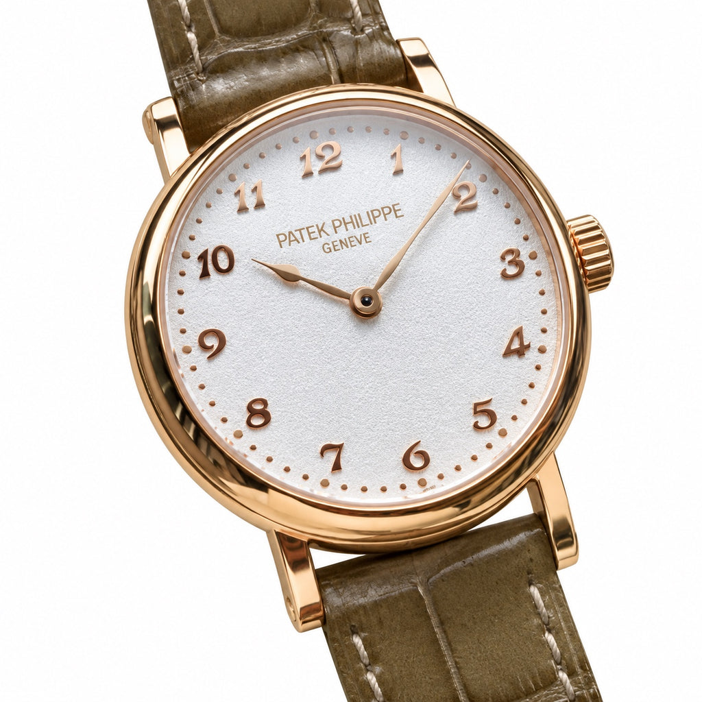 Patek Philippe Calatrava — 18K Rose Gold, Frosted White Dial & Olive Alligator Strap
