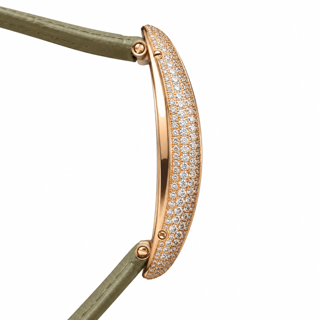 Cartier Baignoire Allongée Large — 18K Rose Gold, Double Diamond Bezel, Cream Oval Dial & Olive Alligator Strap, Women