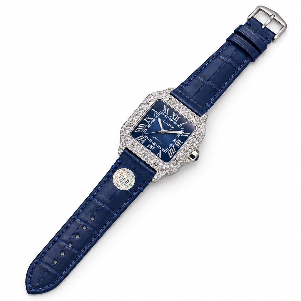 Cartier Santos Diamond Pave Blue Dial Leather Watch