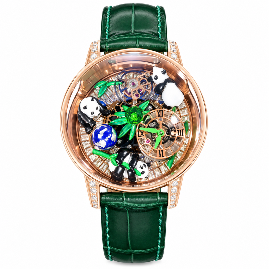Jacob & Co. Astronomia Panda 18K Rose Gold Flying Tourbillon 3D Enamel Panda Diamond Baguette Green Leather Watch