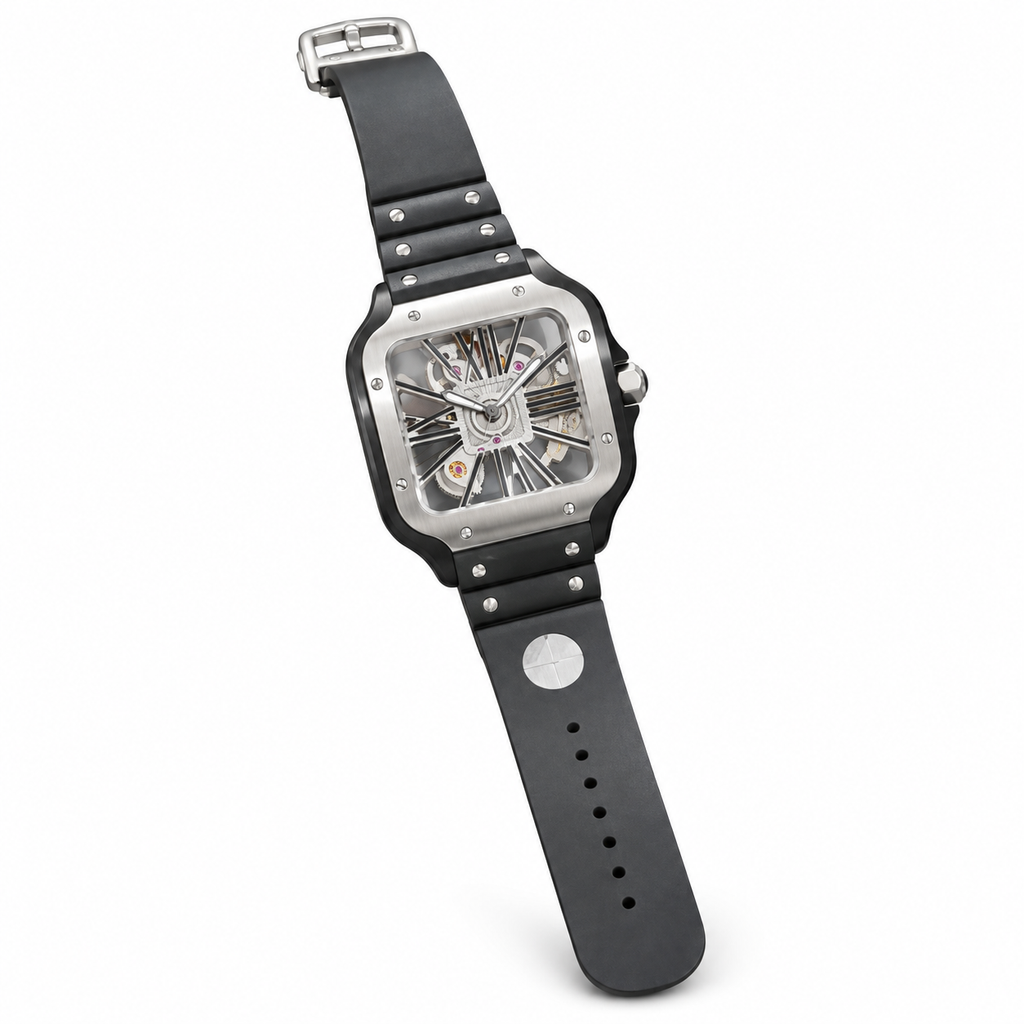 Cartier Santos de Cartier Skeleton Automatic — Steel & ADLC, Open Caseback & Black Rubber Strap, Large