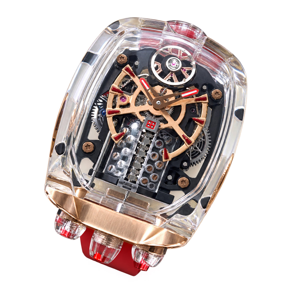 Jacob & Co. x Bugatti Chiron Clear Sapphire Crystal 16-Cylinder Engine Tourbillon Rose Gold Red Rubber Watch