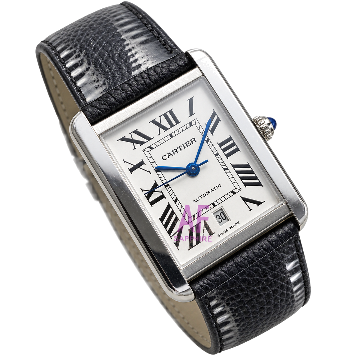 Cartier Tank Solo XL — Steel, White Dial, Roman Numerals, Date & Black Leather Strap, Automatic