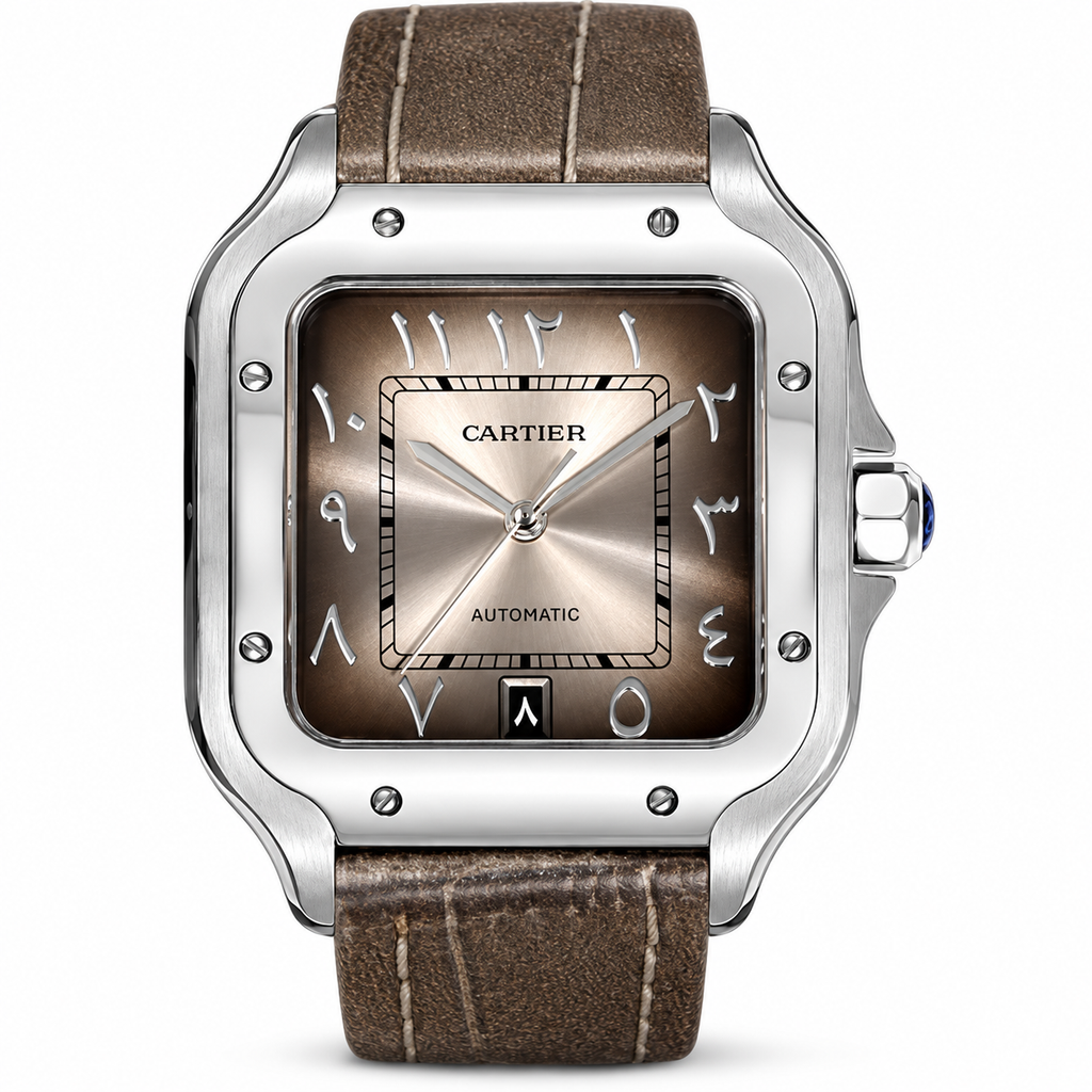 Cartier Santos Large — Steel, Brown Dial, Arabic Numerals, Date & Brown Alligator Strap, Automatic