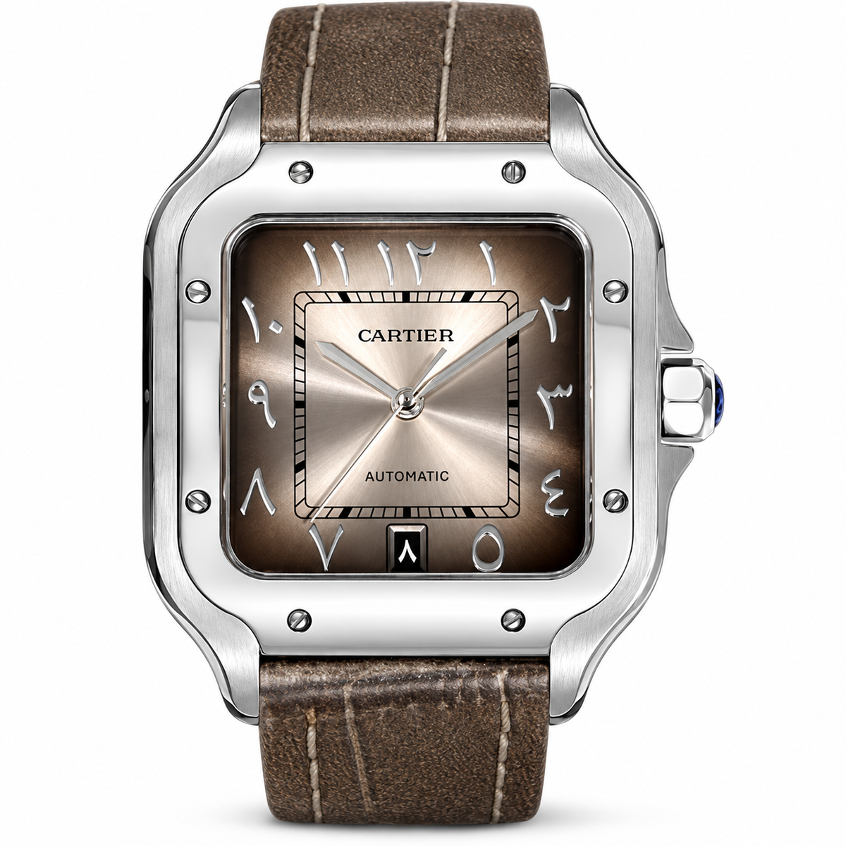 Cartier Santos Large — Steel, Brown Dial, Arabic Numerals, Date & Brown Alligator Strap, Automatic