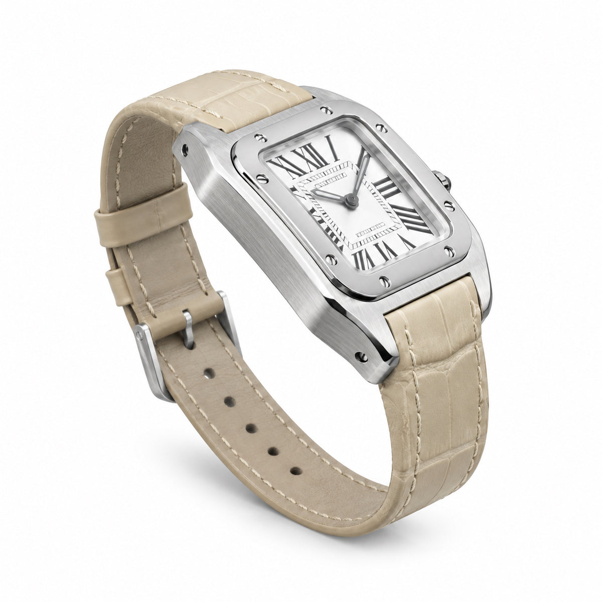 Cartier Santos-Dumont Small — Steel, White Dial, Roman Numerals & Beige Alligator Strap, Women