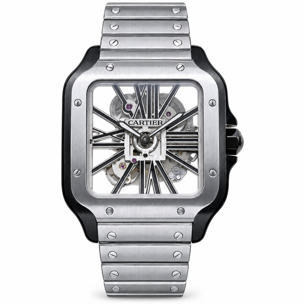 Cartier Santos de Cartier Skeleton — Steel & Black ADLC Bezel, Steel Bracelet