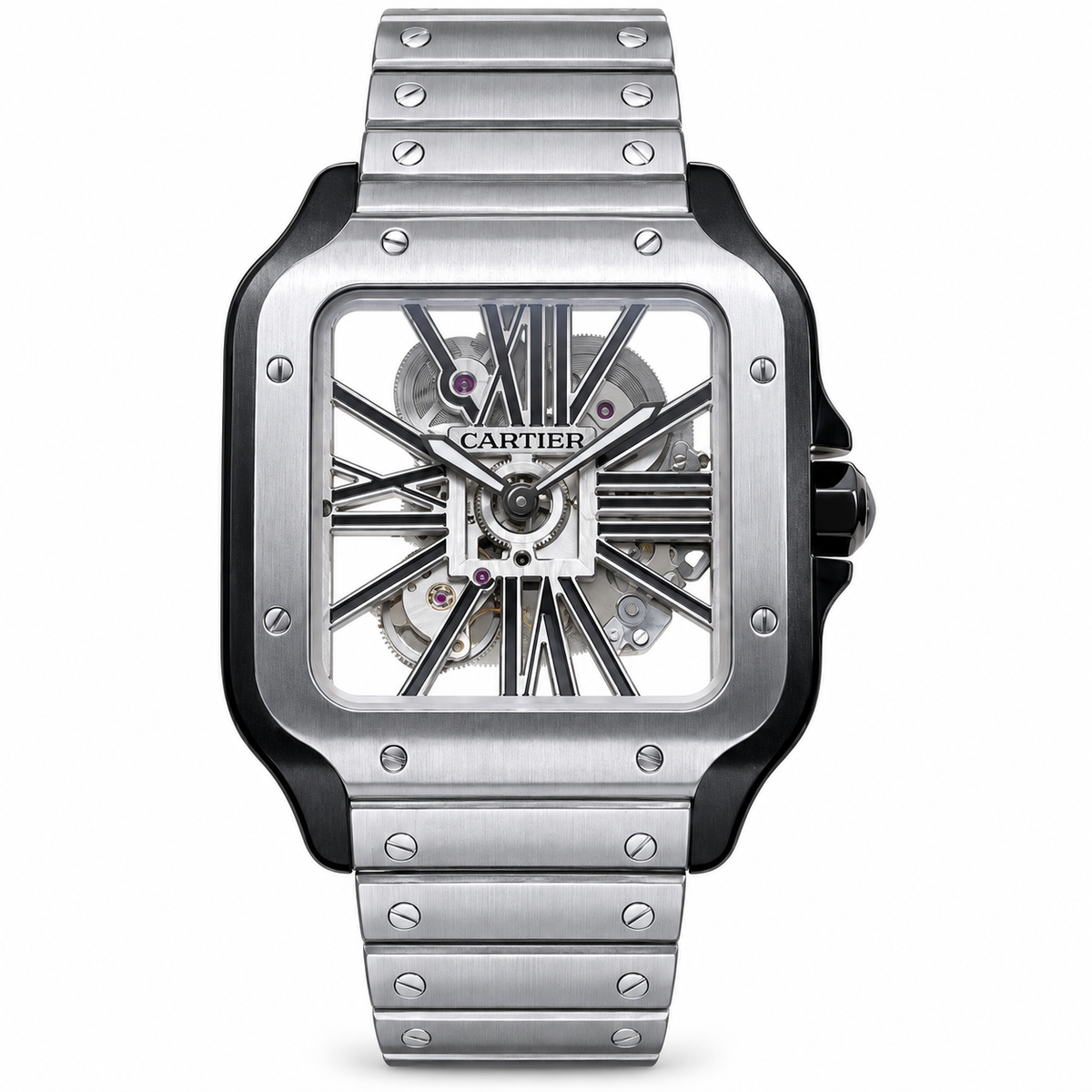 Cartier Santos de Cartier Skeleton — Steel & Black ADLC Bezel, Steel Bracelet