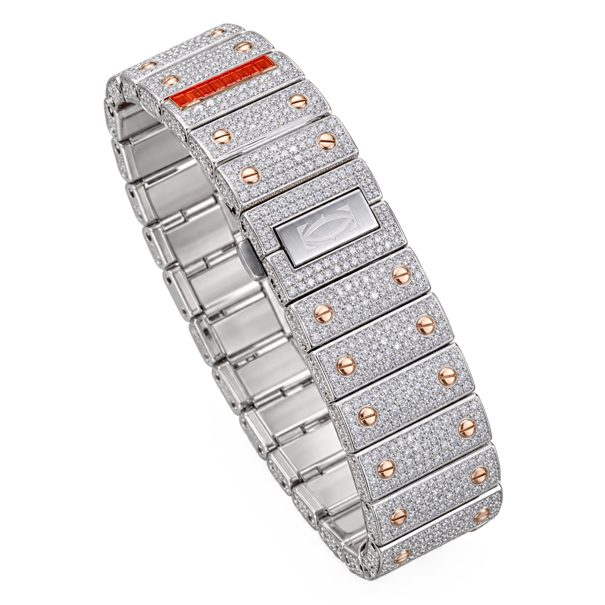 Cartier Santos Large Custom Iced Out — Two-Tone, Full Diamond Pavé, White Dial, Date, Automatic