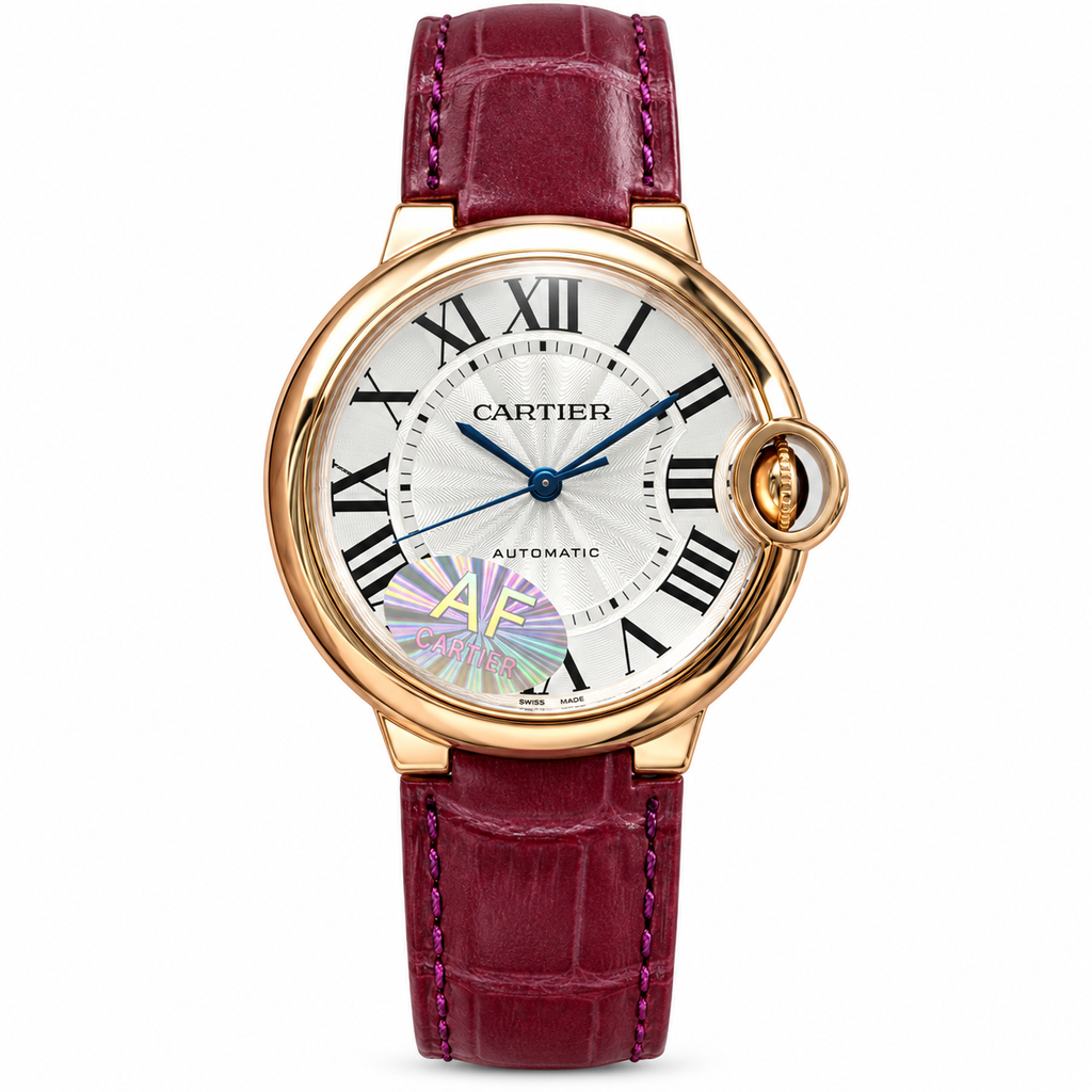 Cartier Ballon Bleu de Cartier 36mm — 18K Rose Gold, Silver Guilloché Dial, Roman Numerals & Burgundy Alligator Strap, Automatic
