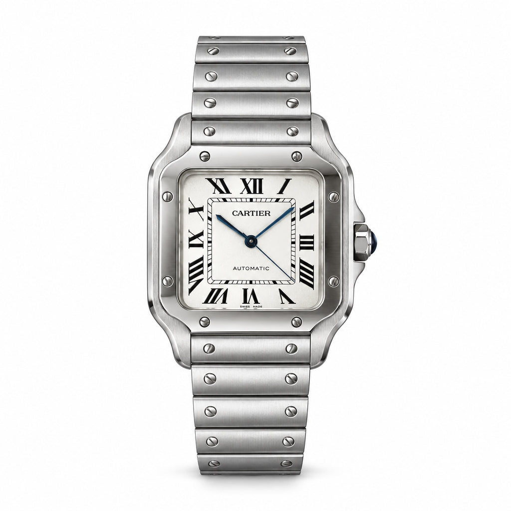 Cartier Santos Large — Stainless Steel, White Dial, Roman Numerals & Steel Bracelet, Automatic