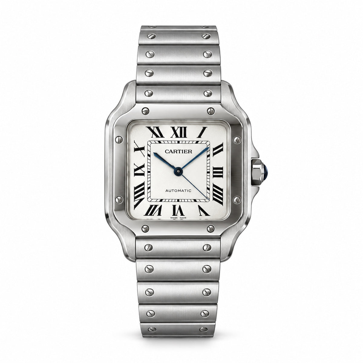 Cartier Santos Large — Stainless Steel, White Dial, Roman Numerals & Steel Bracelet, Automatic