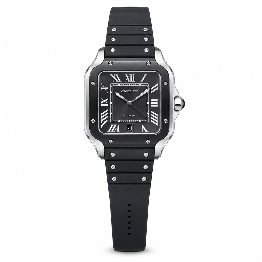 Cartier Santos de Cartier Large Stainless Steel ADLC Black Bezel Charcoal Dial Automatic Date Black Rubber Strap Watch