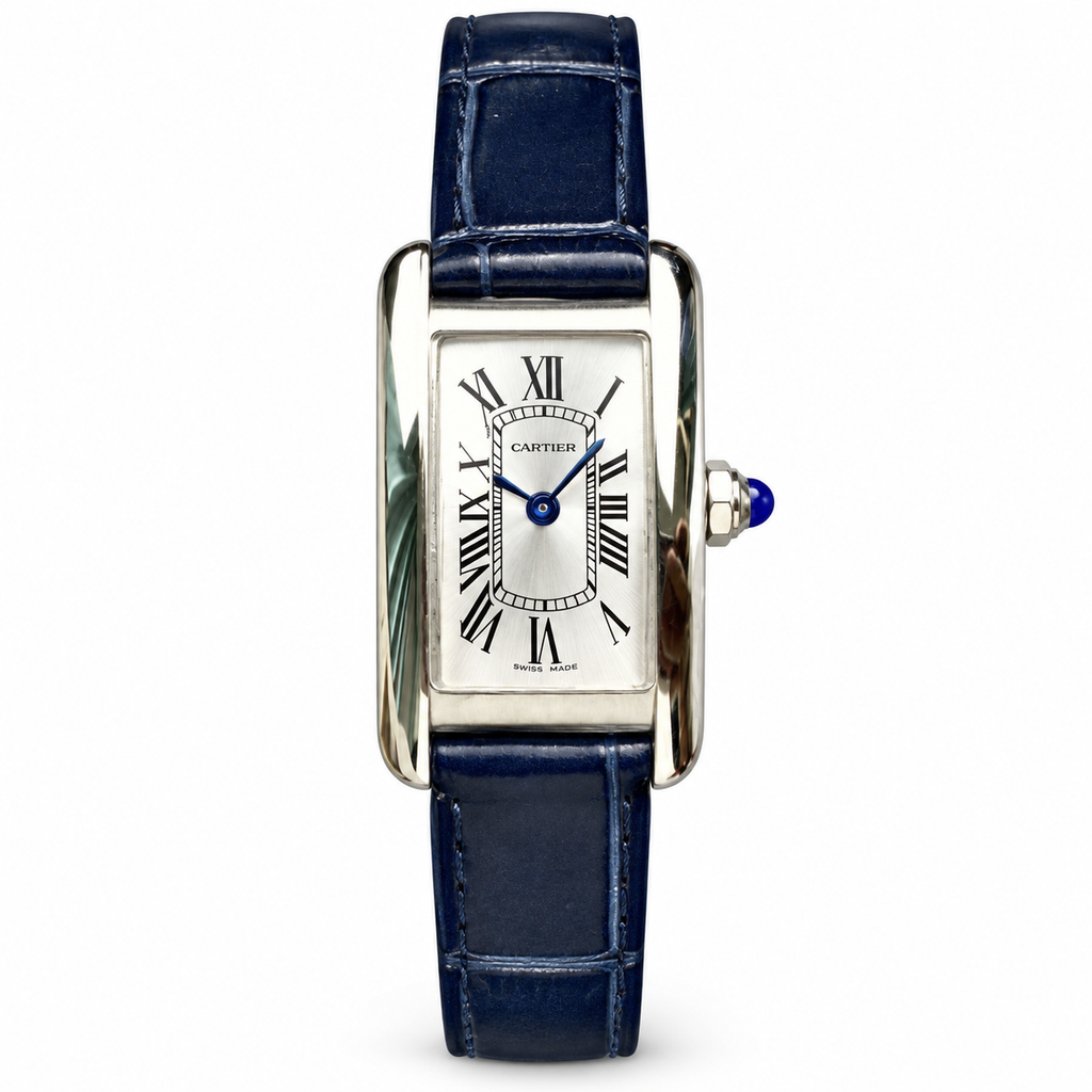 Cartier Tank Américaine Small — 18K White Gold, Silver Dial, Roman Numerals & Navy Alligator Strap, Women