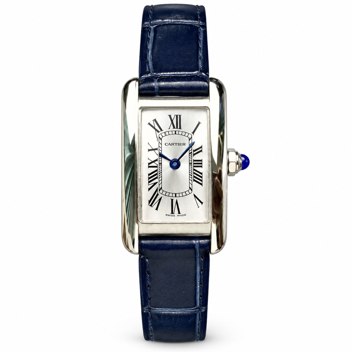 Cartier Tank Américaine Small — 18K White Gold, Silver Dial, Roman Numerals & Navy Alligator Strap, Women