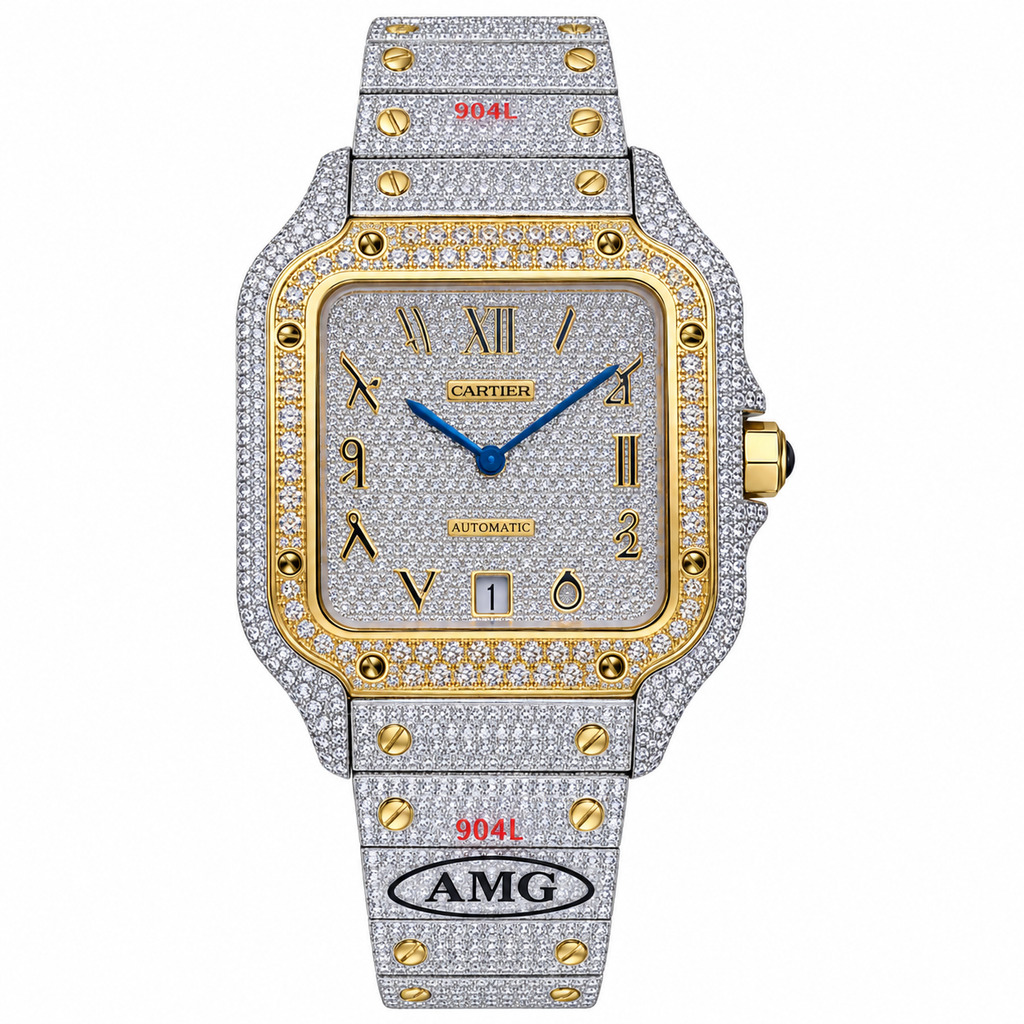 Cartier Santos Automatic — Full Diamond Iced Out, Two-Tone Gold & Steel