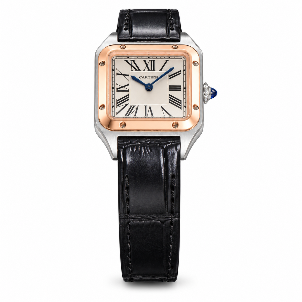 Cartier Santos-Dumont — Two-Tone Rose Gold & Steel, White Dial & Black Leather Strap
