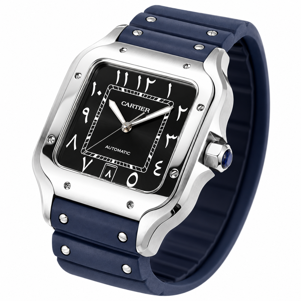 Cartier Santos Large — Steel, Black Dial, Arabic Numerals, Date & Navy Rubber Strap, Automatic